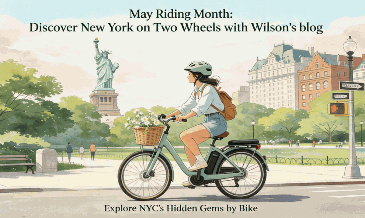 Illustration of a rider on a mint green e-bike passing the Statue of Liberty and a city park