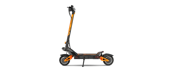 KuKirin G3 Pro electric scooter in black and orange, studio side view on a white background showing its dual suspension arms and kickstand