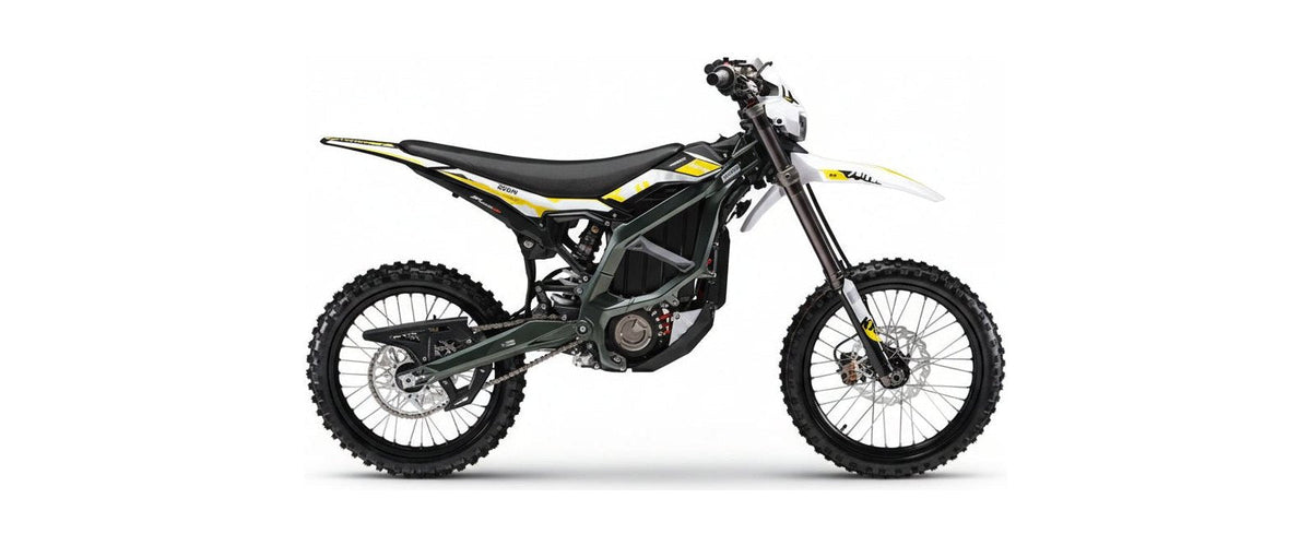 Surron Ultra Bee electric dirt bike, studio side view on a white background