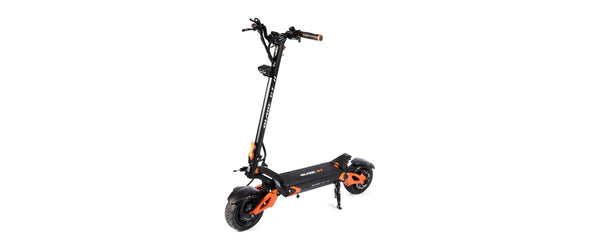Teverun Blade GT II electric scooter in black and orange, studio view from the front quarter on a white background