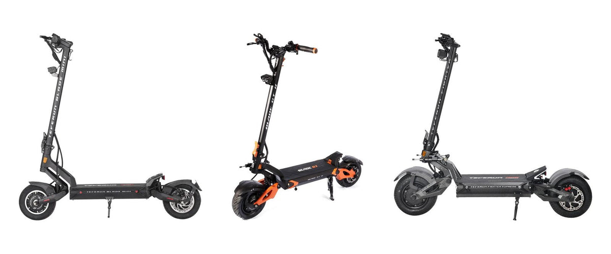 Three Teverun electric scooters side by side on a white background: the Blade Mini Pro, the Blade GT II and the Fighter Supreme 7260R