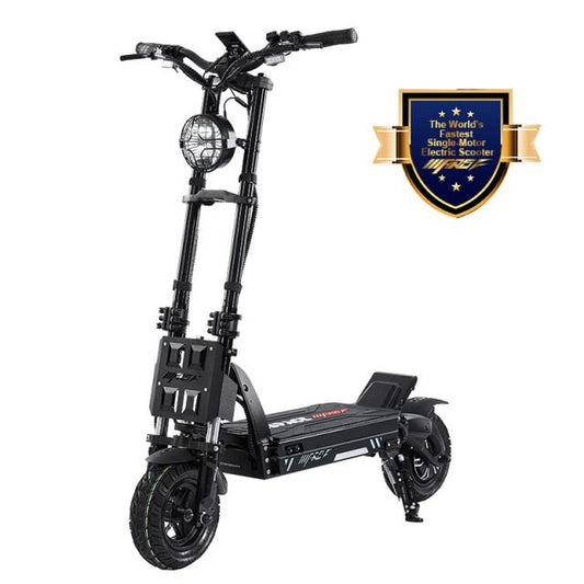Black electric scooter with a badge on a white background