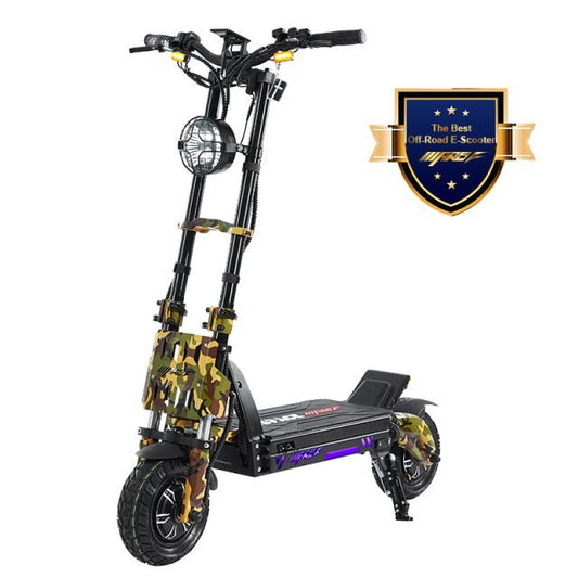 Camouflage-patterned off-road electric scooter with a brand badge on a white background