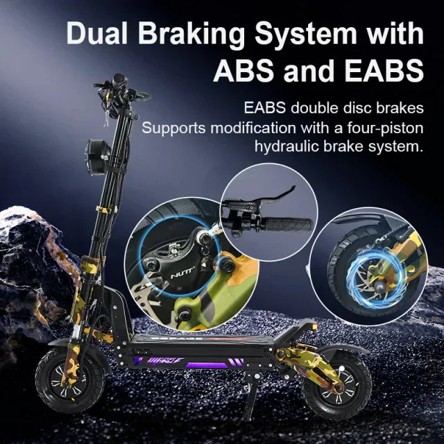 Electric scooter with dual braking system featuring ABS and EABS on a dark background.