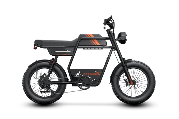 Riding’times GT33 cargo electric bike studio side view in black with orange stripes