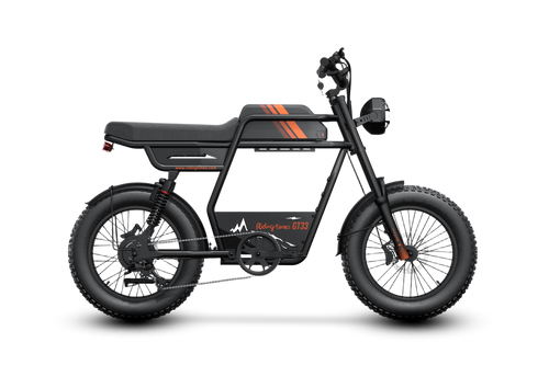 Riding’times GT33 cargo electric bike studio side view in black with orange stripes
