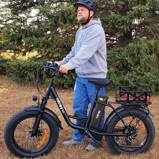 Hiboy EX6 electric bike with step-through frame, 500W motor, 25 MPH top speed, Shimano 7-speed, and LCD display