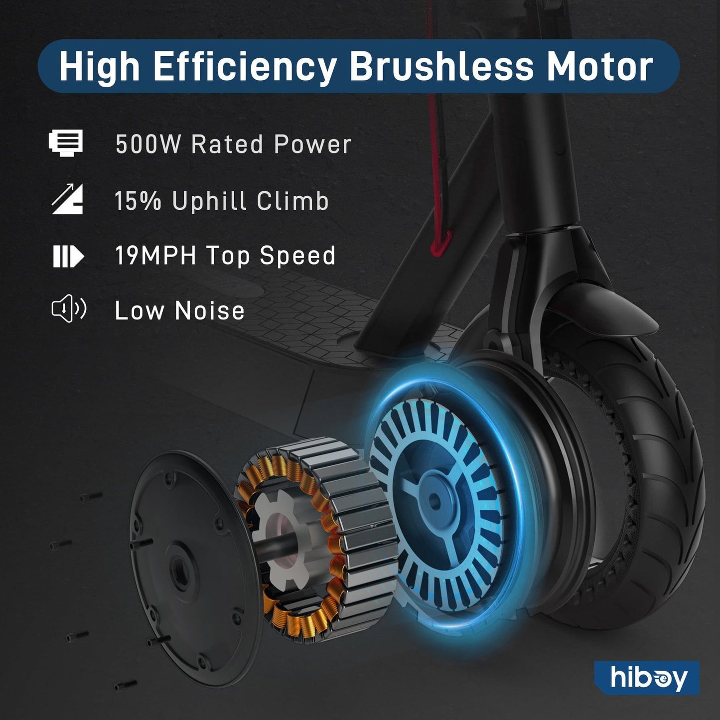 High efficiency brushless motor with specifications and Hiboy branding on a dark background