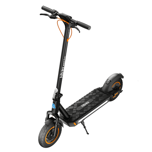 Black electric scooter with orange accents on a white background
