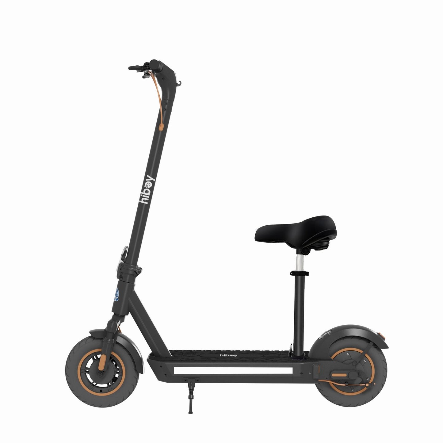 Black electric scooter with a seat on a white background