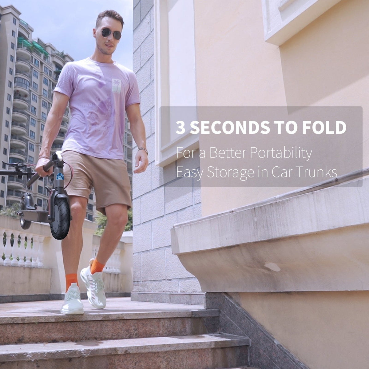 Man walking with a scooter on stairs, promotional text about scooter portability.