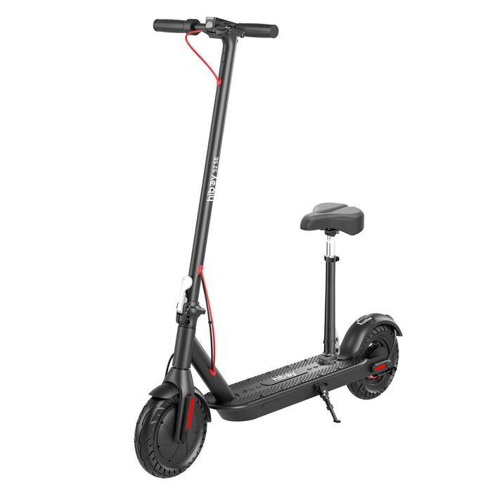 Black electric scooter with a seat on a white background