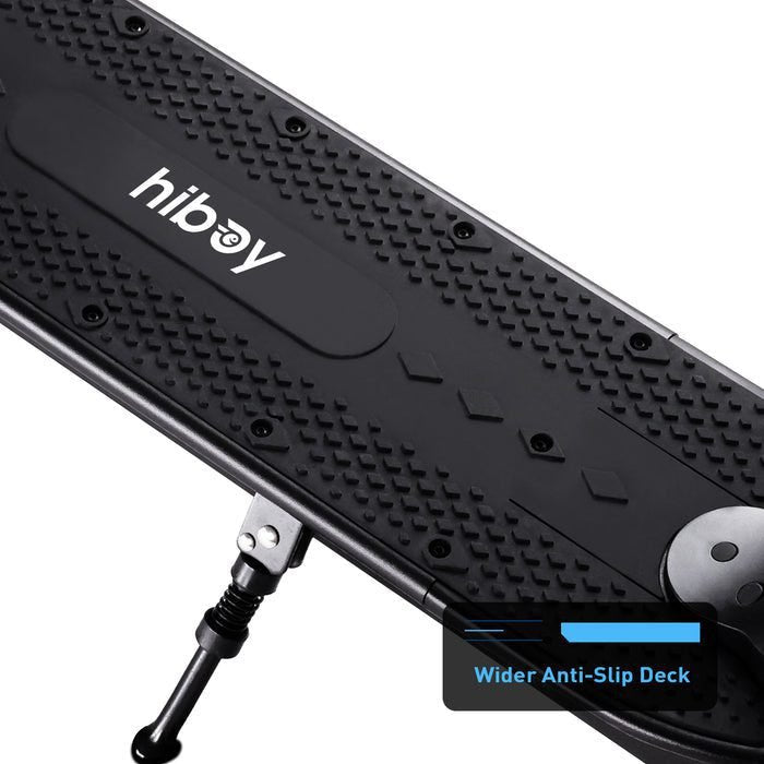 Black skateboard with 'hiboy' branding and wider anti-slip deck on a white background