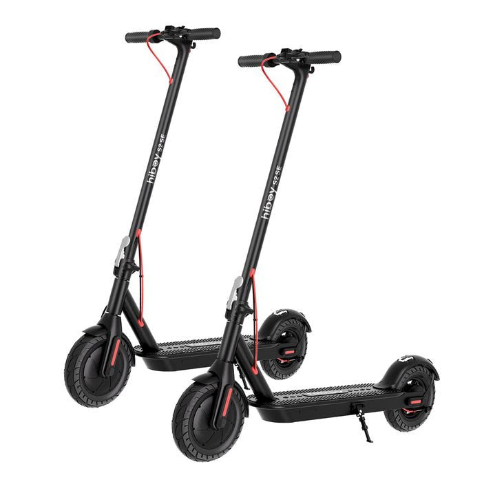 Two black electric scooters with red accents on a white background