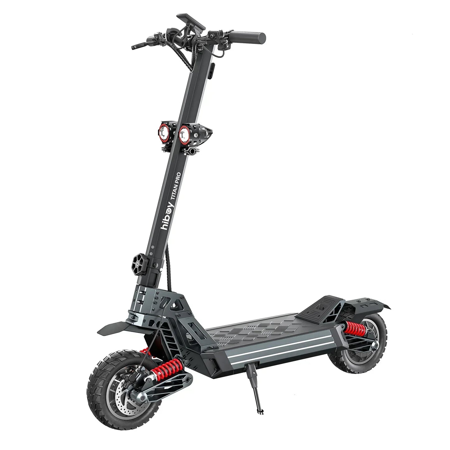 Black electric scooter with red accents on a white background