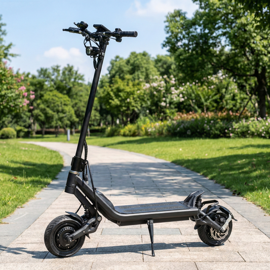 Black electric scooter on a paved path in a park with greenery