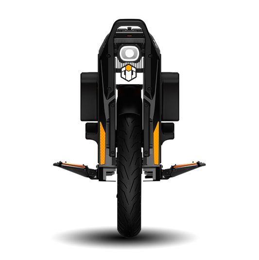 INMOTION P6 electric unicycle seen head-on, headlight and folded pedals