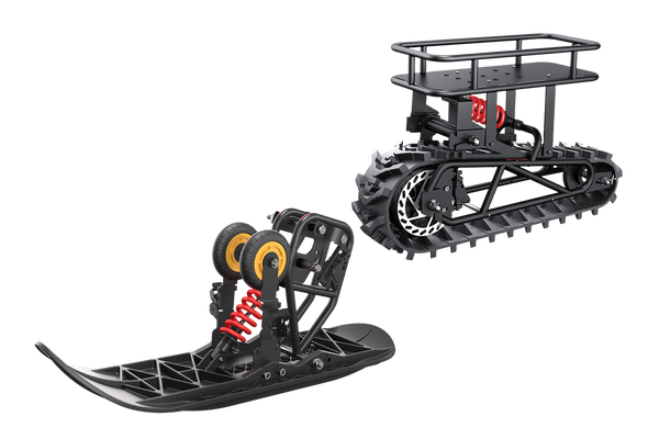 Riding’times snow track kit: front sled module and rear track module side by side