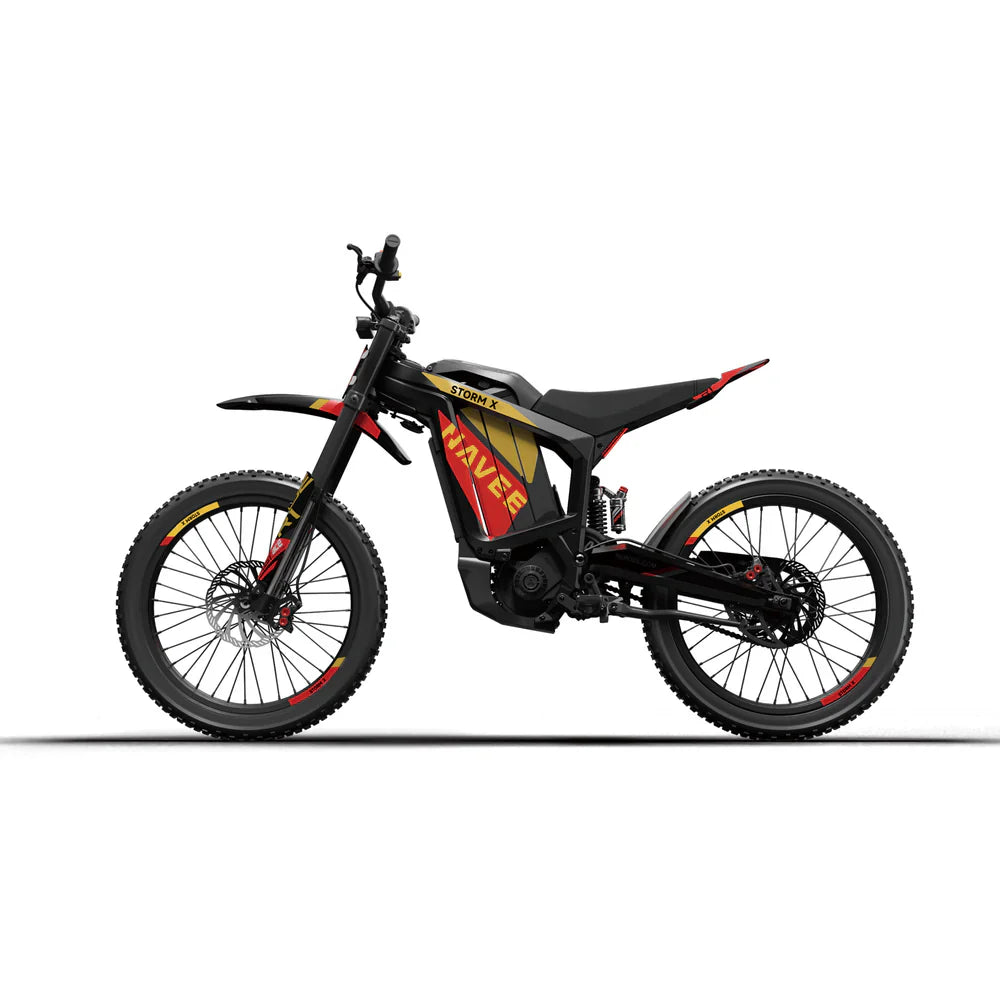 NAVEE STORM X electric dirt bike with 10,000W motor and 72V battery on rugged terrain