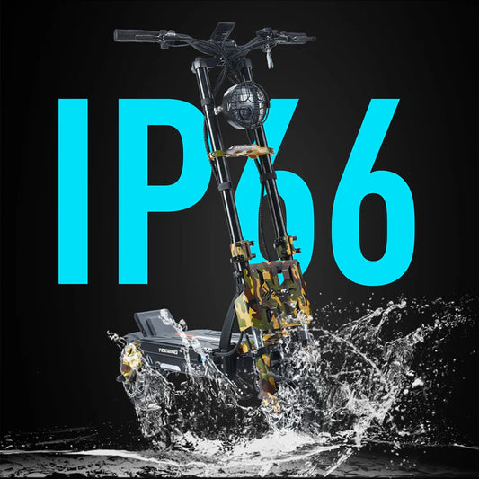 Robotics equipment with water splashes and 'IP66' text on a black background