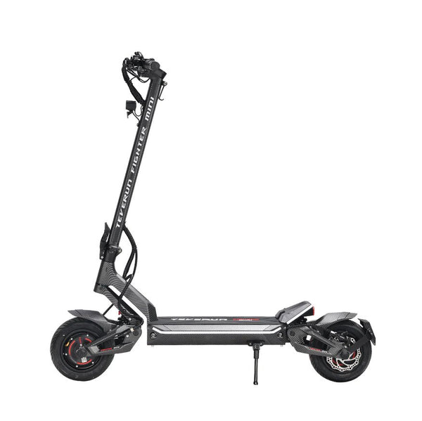 Teverun Fighter Mini Pro electric scooter studio view in black and carbon fibre