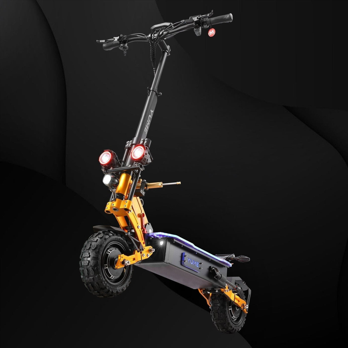 Yellow electric scooter on a black background