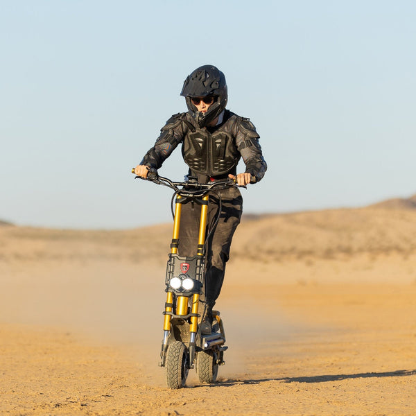 Rider on the Kaabo King GTR electric scooter in the desert