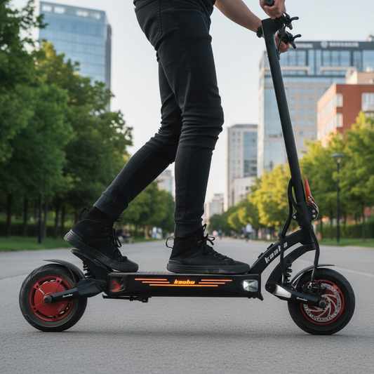 Person riding an electric scooter on a sidewalk with blurred background