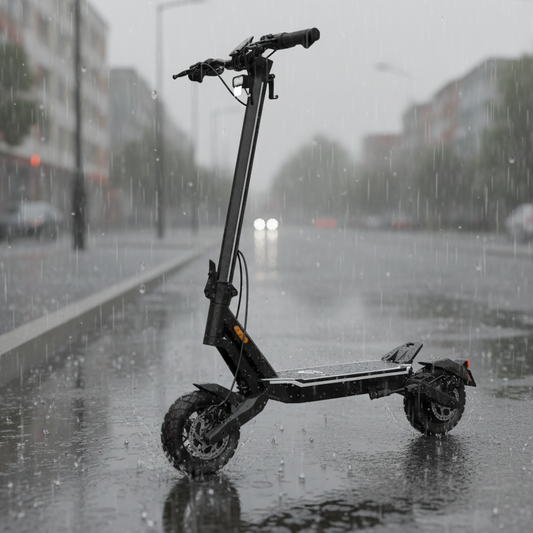 Black electric scooter in rain