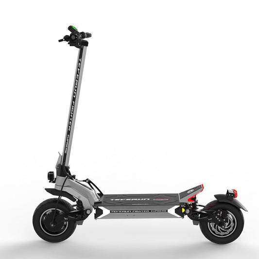 Silver electric scooter with a leaning position on a white background