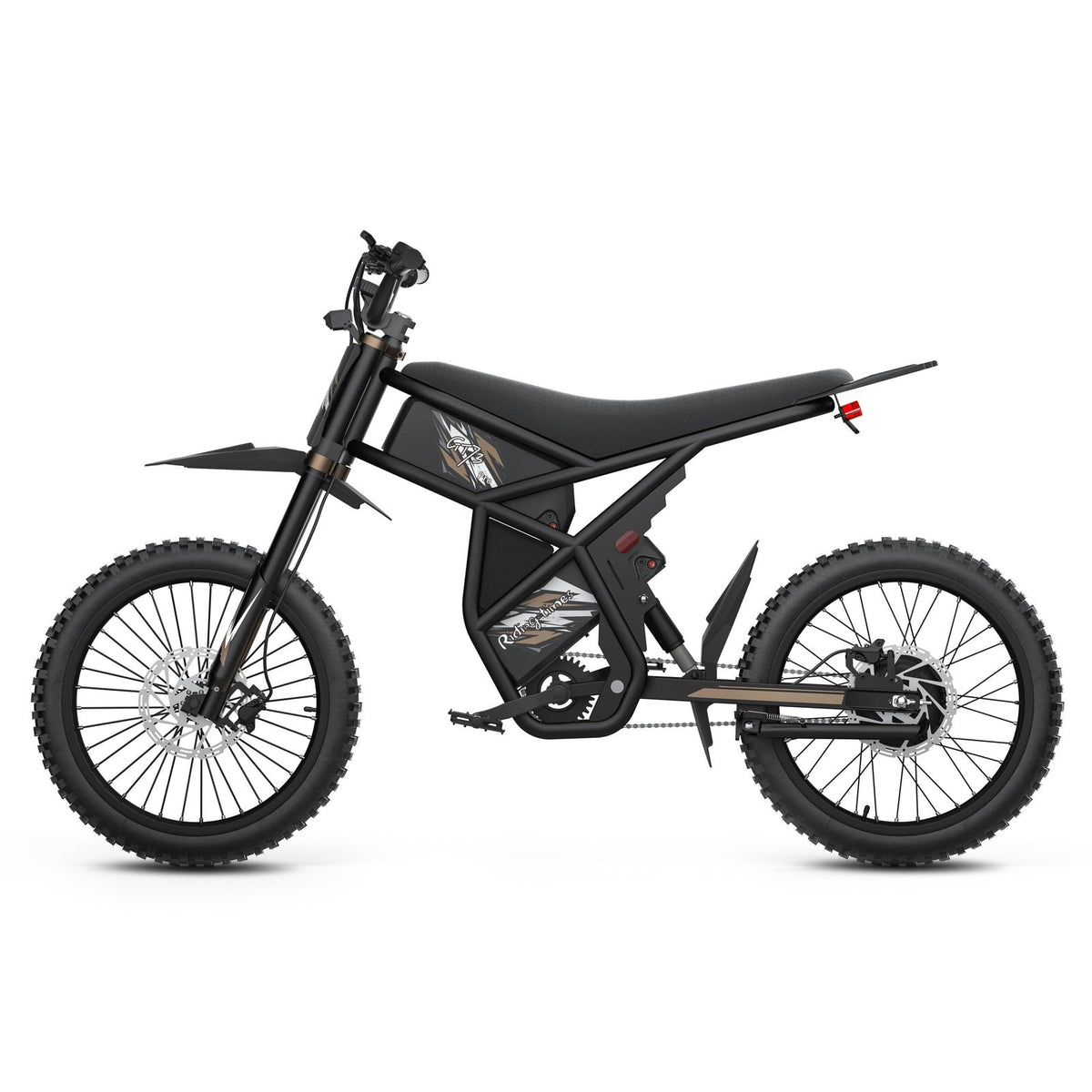 Riding'times GT73 electric dirt bike in black, studio side view showing the front fork, rear shock and pedals