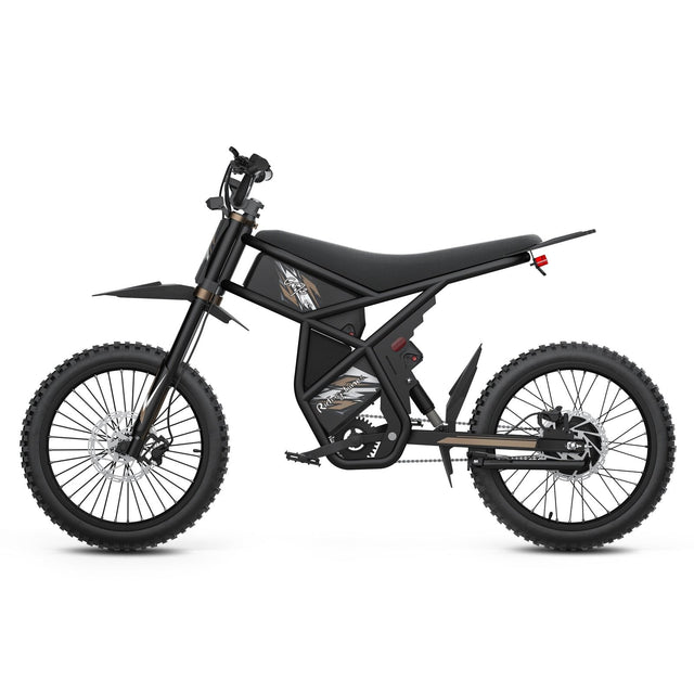 Riding'times GT73 electric dirt bike in black, studio side view showing the front fork, rear shock and pedals
