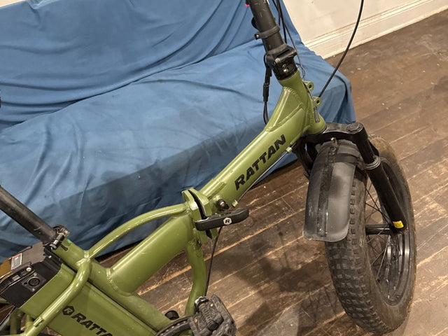 Folding e-bike in for service at Wilson's Long Island City shop