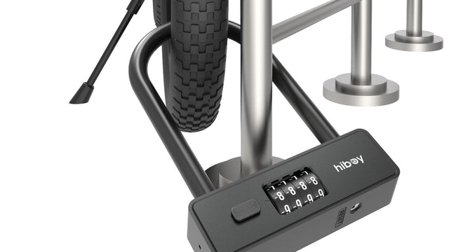 Hiboy combination U-lock securing an e-bike wheel to a bike rack