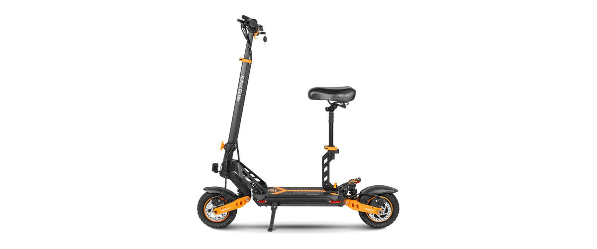 KuKirin G2 Max electric scooter with its seat kit fitted, side view on a white background