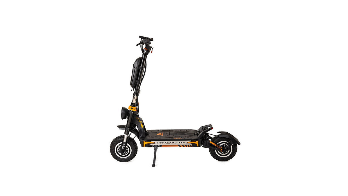 KuKirin G4 Max electric scooter, studio side view showing its 12-inch off-road tires, wide deck and a stem bag