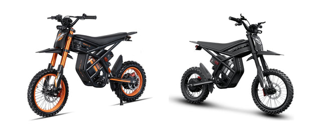 Riding'times GT54 in black and orange beside the all-black GT54 Pro, two mini electric dirt bikes in studio photos on a white background
