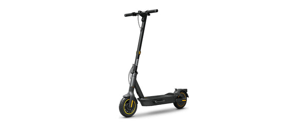 Segway Ninebot Max G2 electric scooter in dark gray with yellow accents, studio view from the front quarter on a white background
