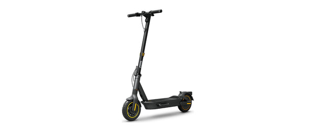 Segway Ninebot Max G2 electric scooter in dark gray with yellow accents, studio view from the front quarter on a white background