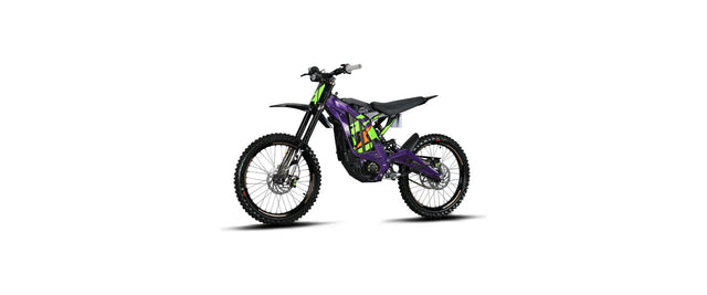 Surron Light Bee X electric dirt bike in Phantom Purple, studio three-quarter view on a white background