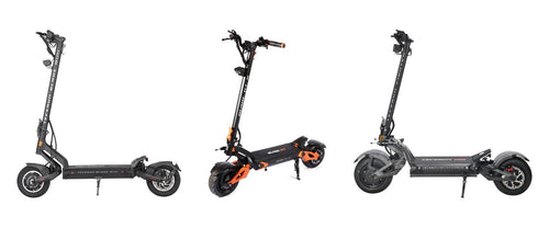 Three Teverun electric scooters side by side on a white background: the Blade Mini Pro, the Blade GT II and the Fighter Supreme 7260R