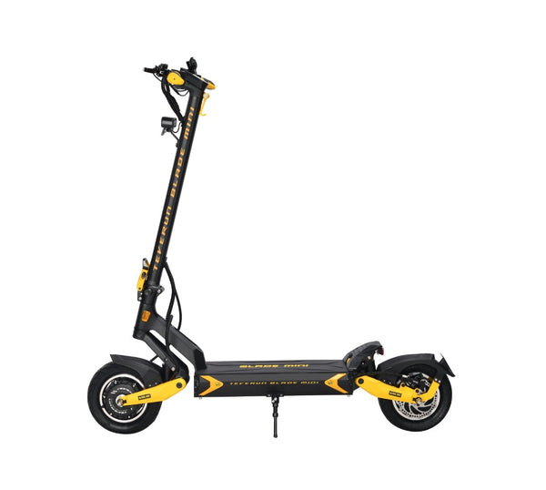 Teverun Blade Mini Ultra electric scooter in yellow and black, studio side view