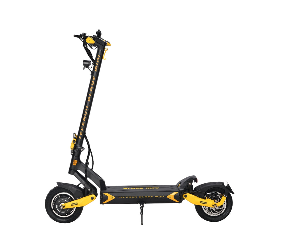 Teverun Blade Mini Ultra electric scooter with dual motor, hydraulic brakes, and dual spring suspension in black and yellow design