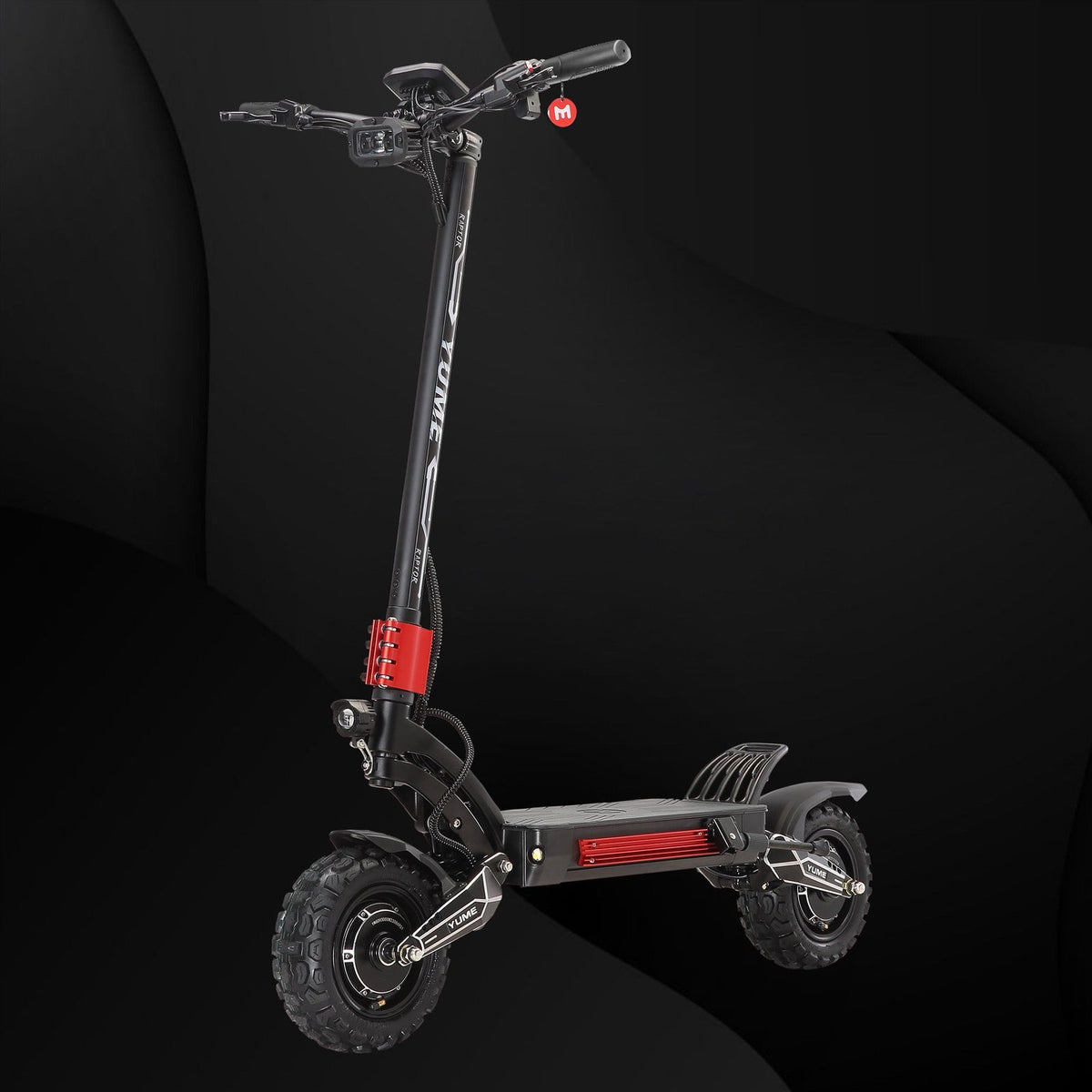 YUME Raptor electric scooter side view with red cooling fins