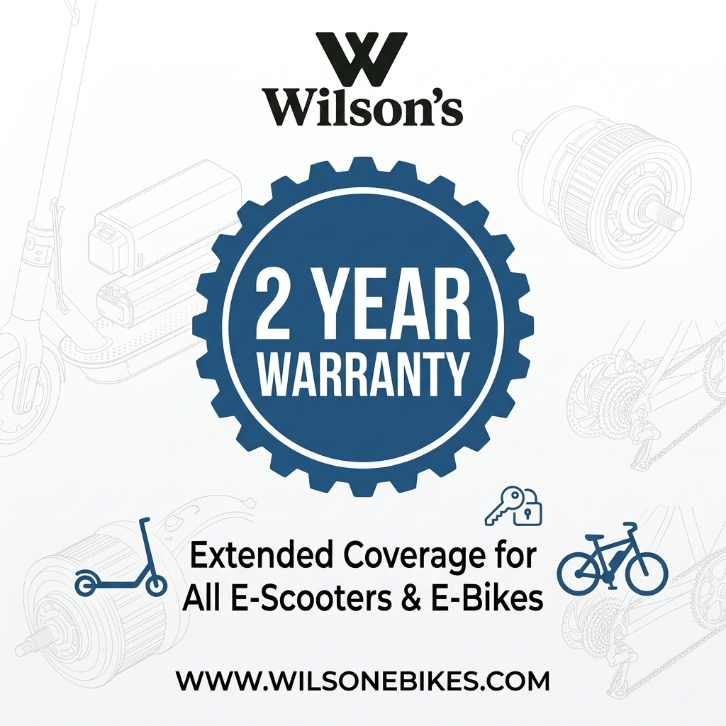 Wilson's 2-year warranty badge for e-scooters and e-bikes on a white background with brand logo.