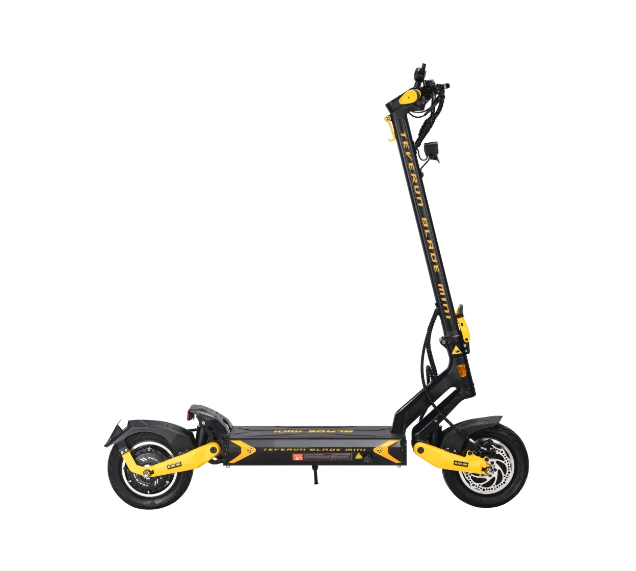 Teverun Blade Mini electric scooter with dual motors, 60V battery, hydraulic brakes, and IPX6 water resistance.