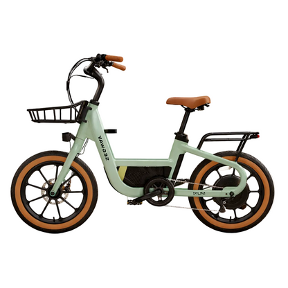 Green electric bike with brown wheels on a white background