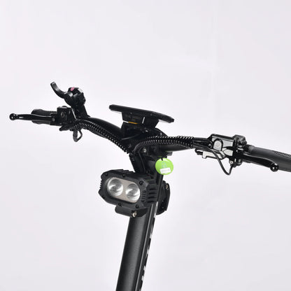 Bicycle handlebar with front light and green reflector on a white background