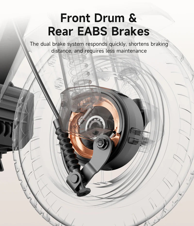 Close-up of a motorcycle brake system with text highlighting features.