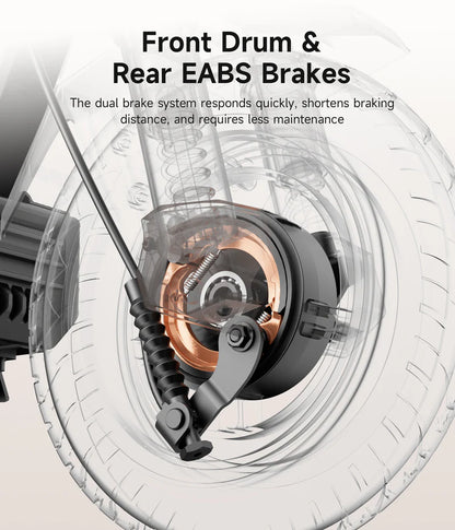 Close-up of a motorcycle brake system with text highlighting features.
